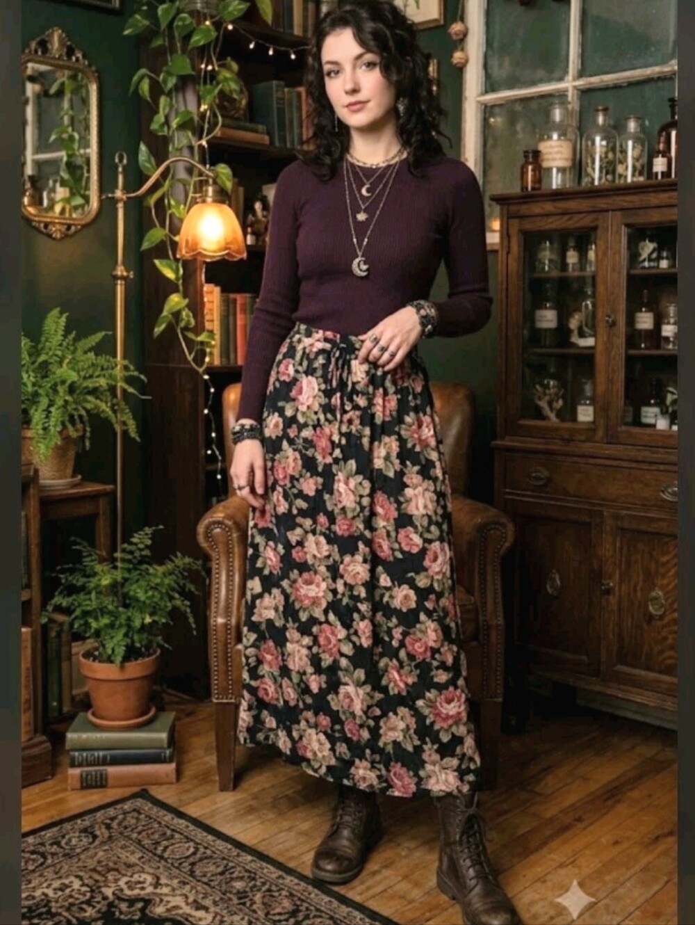 Vintage Basic Editions Black Dark Floral Maxi Skirt M 90s Grunge Whimsigoth Roma